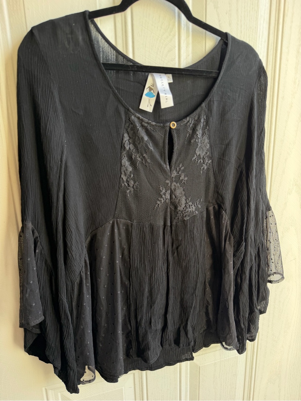Society Girl XL Black Lace Bell Sleeve Flowy Blouse Fairy Grunge Boho Goth - Picture 3 of 8